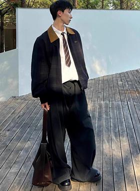 ROOR 美式复古cleanfit格纹拼接翻领夹克男女学院风宽松工装外套