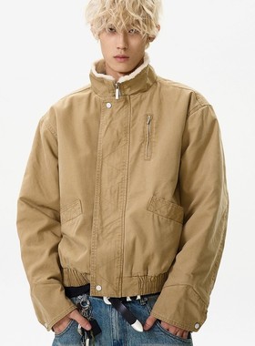 A PUEE美式复古bomber立领飞行夹克棉服冬季加绒短款boxy工装外套