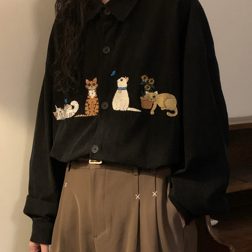 NAGA自制秋季美式复古宽松文艺小猫刺绣灯芯绒长袖衬衫男女上衣潮