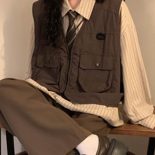 NAGA自制秋季日系复古百搭叠穿工装短款无袖背心马甲男女上衣外套