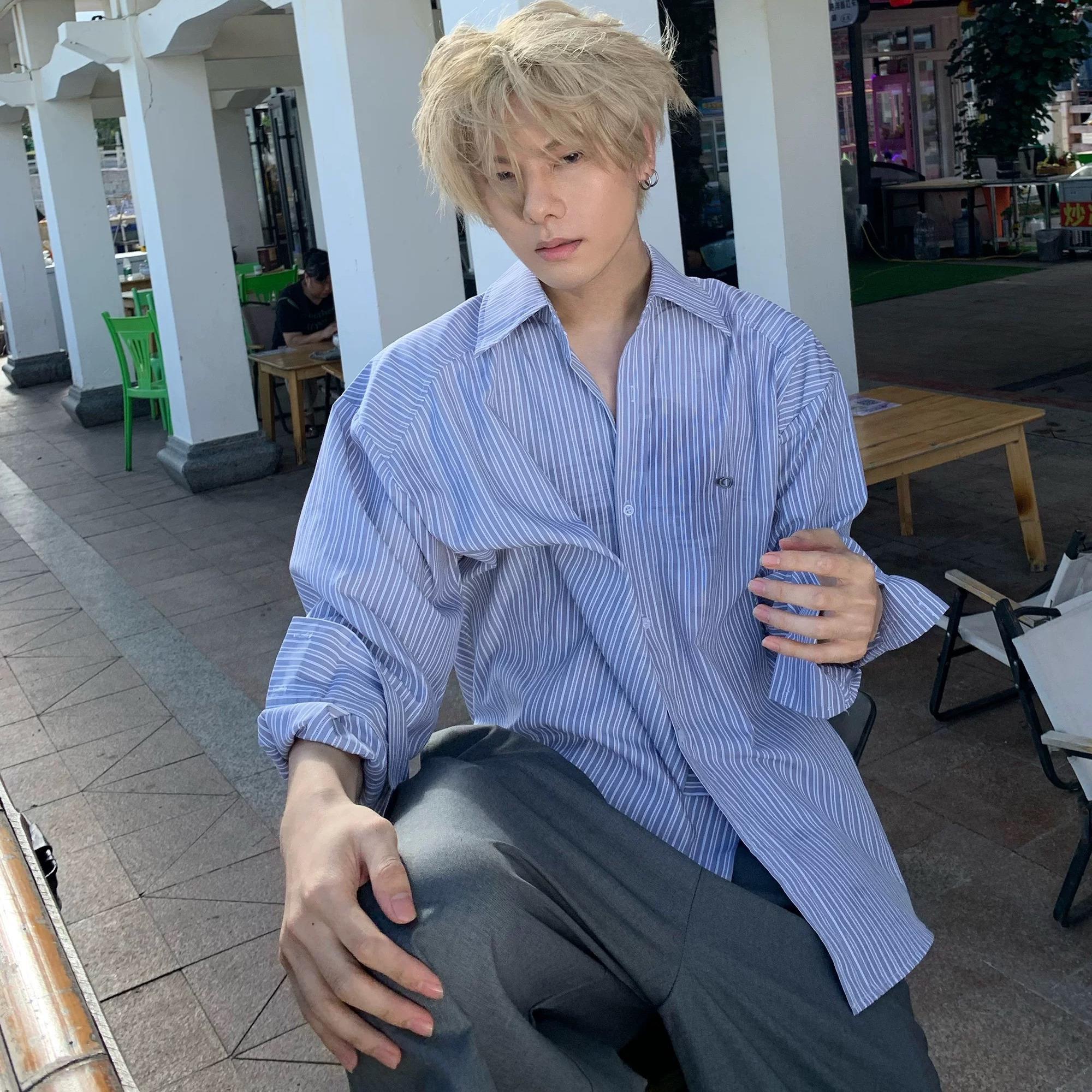 3722 LAB美式复古度假风蓝白条纹衬衫男女秋季新款设计感宽松衬衣