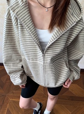 Apocket美式复古条纹拉链卫衣开衫男女春秋高级绒感boxy连帽外套