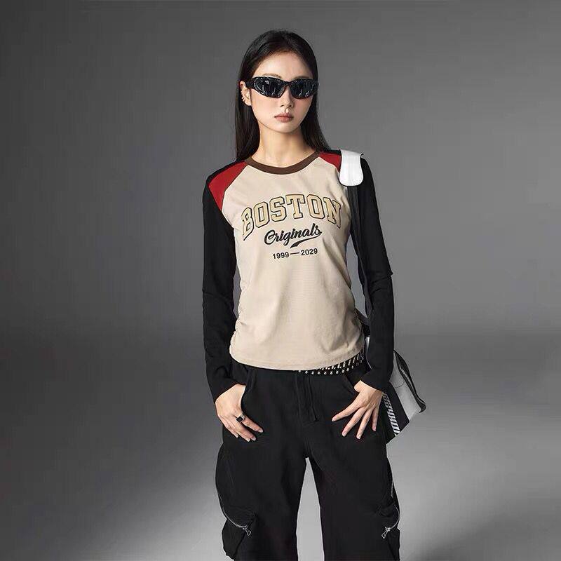 拓谷2024春秋新款专柜女撞色插肩长袖T恤圆领美式修身打底衫