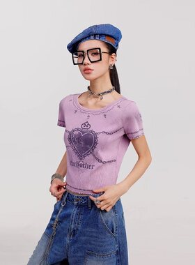 拓谷夏季新款专柜女辣妹紧身短袖t恤美式印花显瘦短款正肩上衣ins