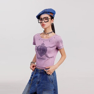 拓谷夏季新款专柜女辣妹紧身短袖t恤美式印花显瘦短款正肩上衣ins