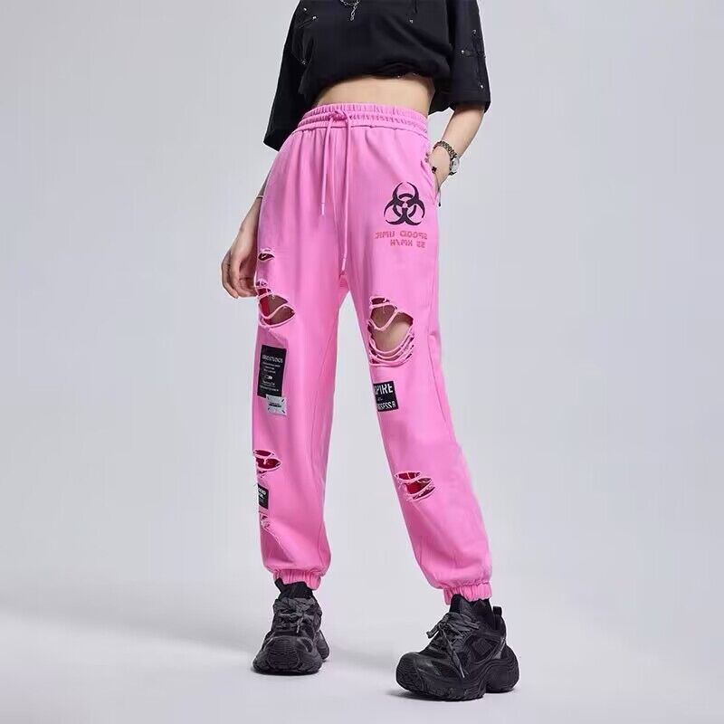 拓谷2026春夏专柜女破洞贴布休闲裤高腰粉色抽绳运动束脚卫衣