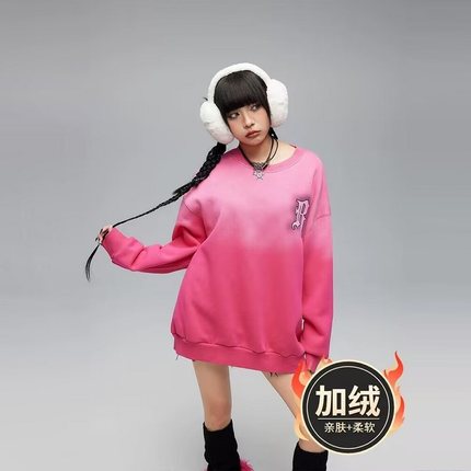 拓谷2024秋冬专柜女渐变加绒加厚卫衣圆领宽松中长款遮屁股上衣