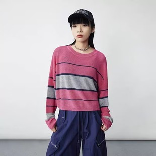 透气长袖 针织衫 防晒冰丝上衣 专柜女条纹套头短款 拓谷2025春夏季