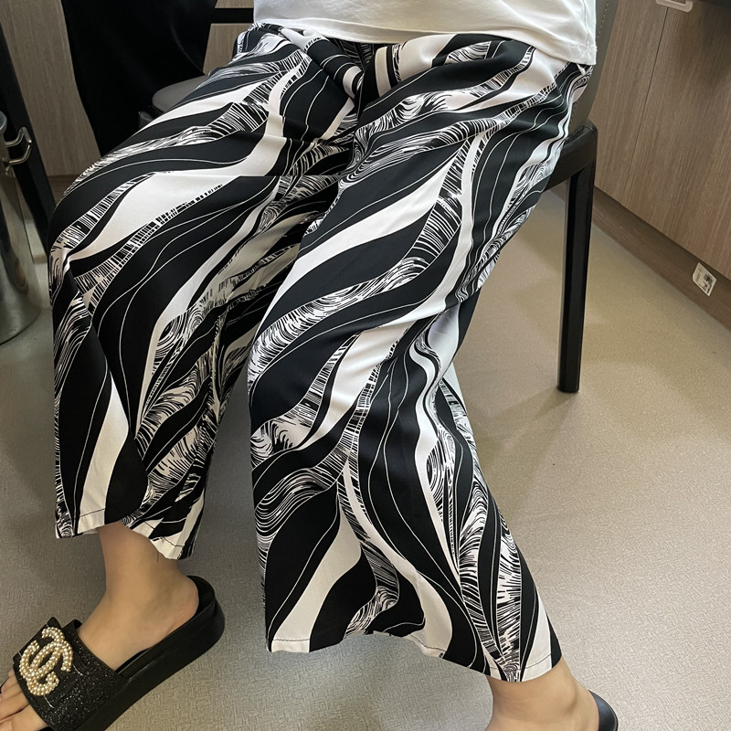 春夏季棉绸阔腿裤妈妈装中高腰直筒裤女士人造棉休闲九分裤女睡裤