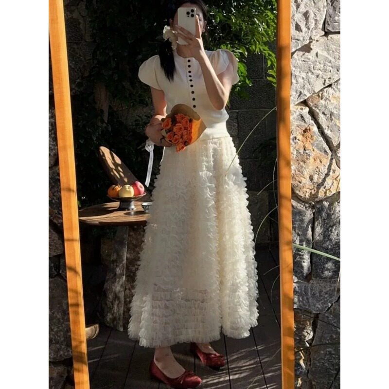 芭蕾风网纱蛋糕半身裙蓬蓬裙木耳花边长裙仙女裙2026新款半身裙