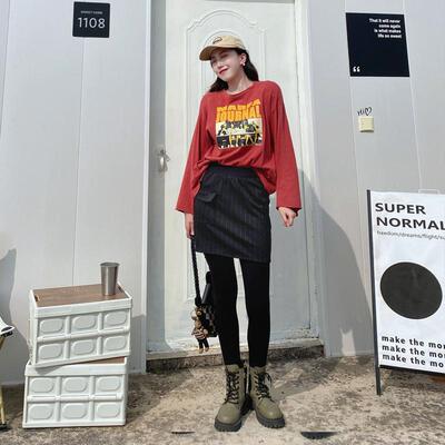 假两件打底裤竖条纹春秋大码胖mm女士显瘦连裤裙针织带裙子的裤子