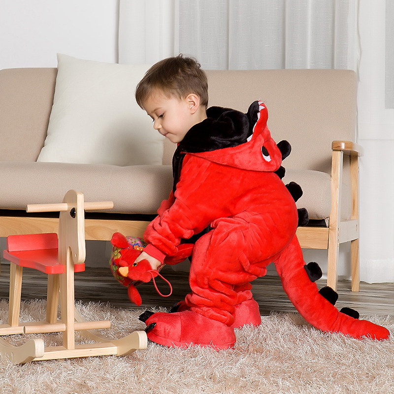 秋冬季儿童动物小恐龙连体睡衣长袖衣服男孩卡通女童法兰绒居家服