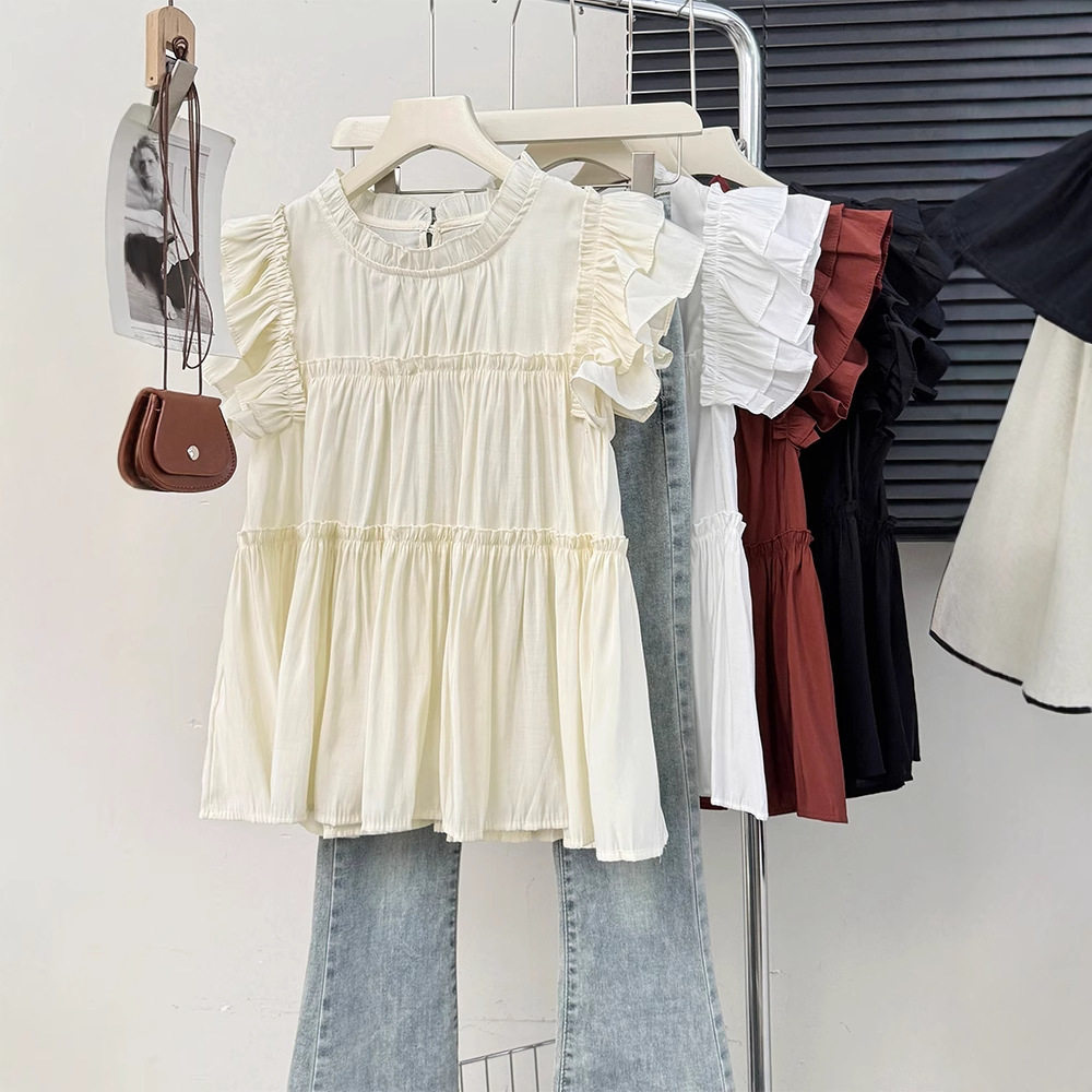 法式甜美木耳拼接小飞袖花边立领衬衫女夏褶皱宽松荷叶边裙摆上衣