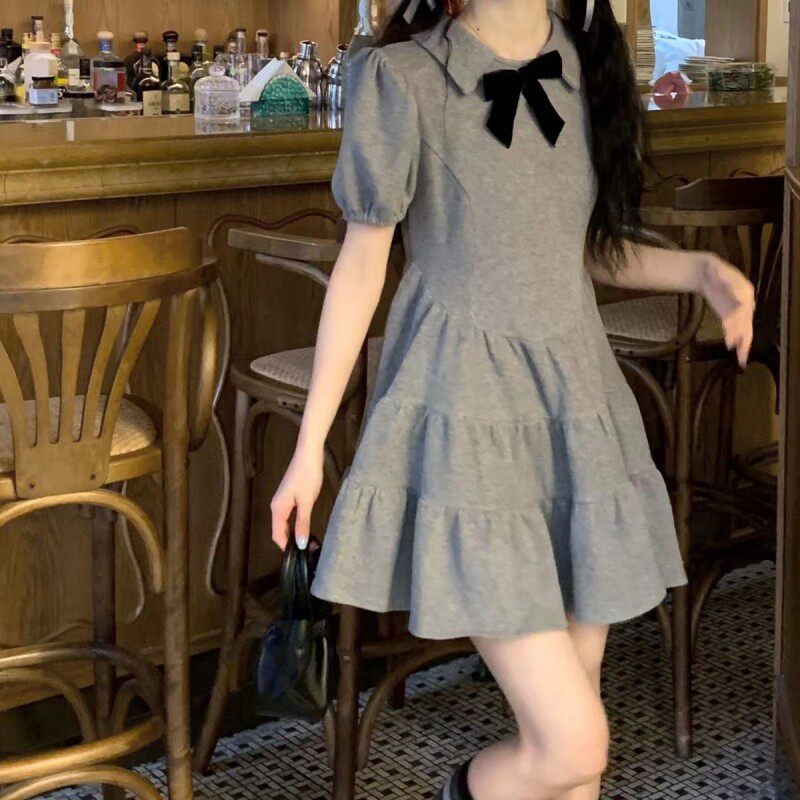 学院风蝴蝶结polo领短袖连衣裙女夏季小个子设计感收腰泡泡袖裙子