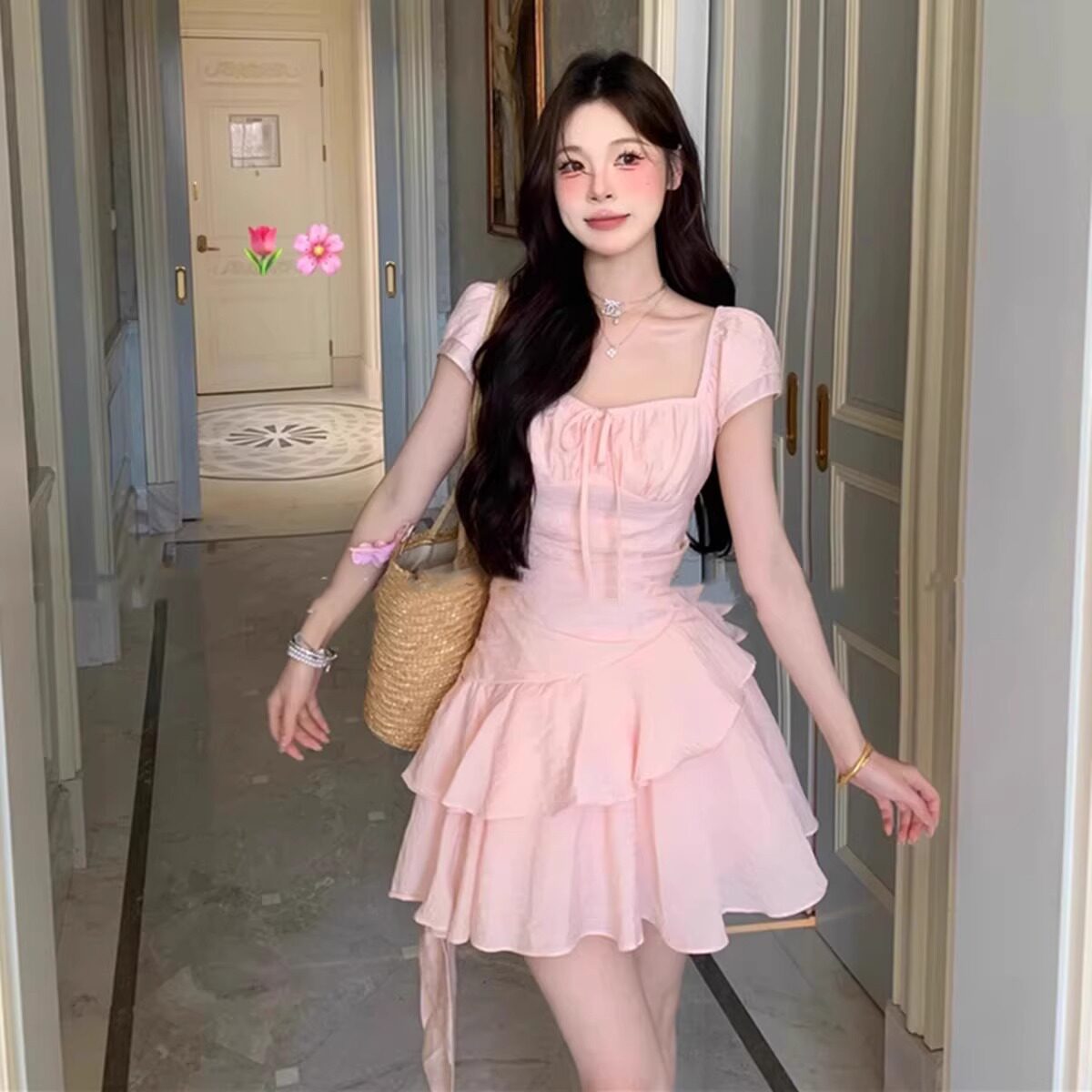 法式绝美漂亮粉色连衣裙子女装2026夏季新款小个子海边不规则短裙