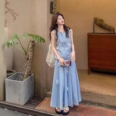 今年流行法式蝴蝶结蓝色无袖套装裙女夏装搭配一整套半身裙两件套