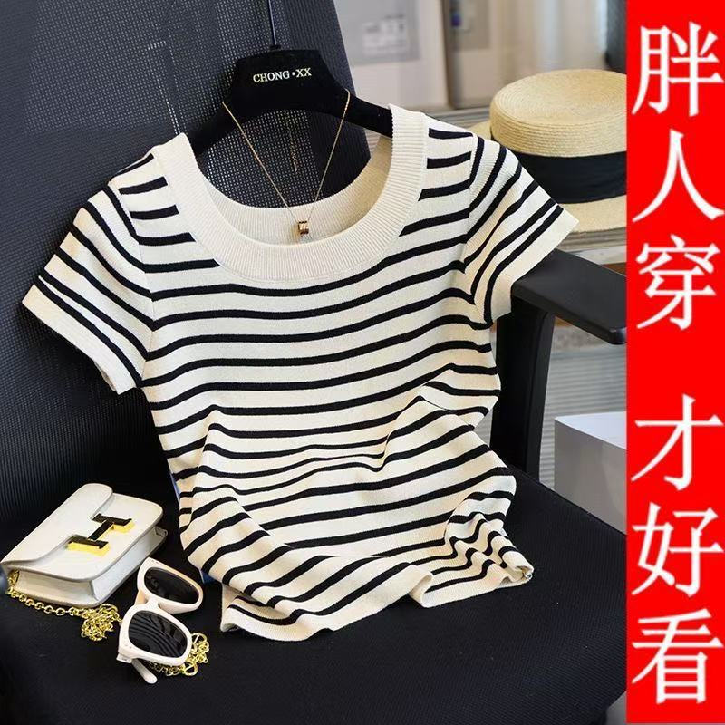 黑白条纹正肩短袖T恤女夏季薄款法式高级感针织衫小个子上衣女装图片