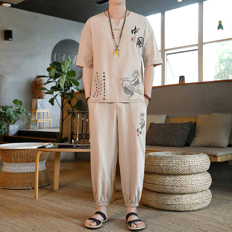 夏季唐装男士中国风套装棉麻大码短袖睡衣复古民族风亚麻居家服潮