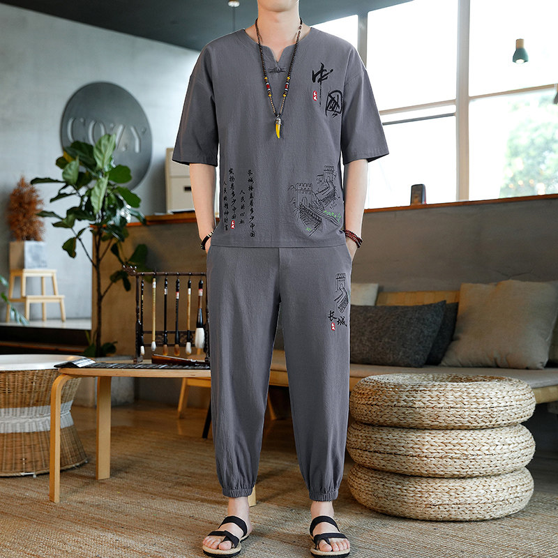 睡衣男中式棉麻短袖九分裤套装潮睡衣/家居服套装