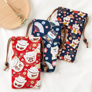 6寸6.7寸华为苹果15手机包套眼镜袋碎花棉布艺女手机袋束口收纳袋