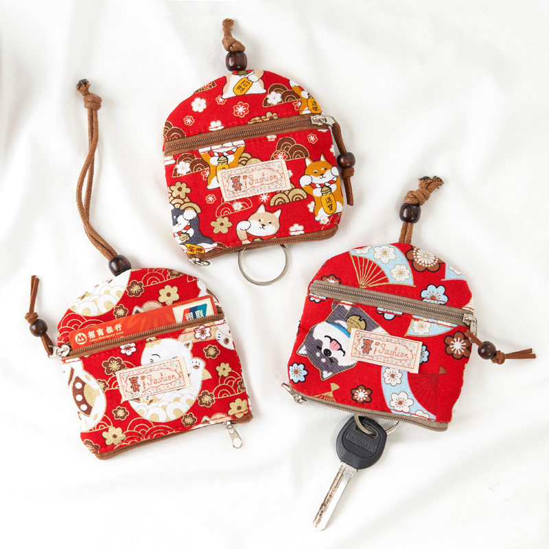 棉布钥匙包双层小女士多功能手工拉链零钱布艺抽拉式二合一卡包套