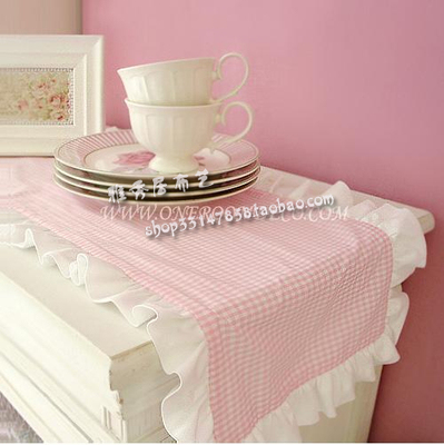 《皇冠信誉》田园风格粉色格子桌旗桌巾桌垫40*170CM