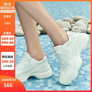 韦恩女鞋鹿皮鞋白色老爹鞋真皮厚底鞋舒适休闲鞋增高运动鞋女0861