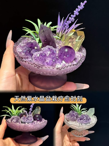 天然紫水晶治愈系盆栽手工水晶簇微景观摆件桌面疗愈晶石聚宝盆