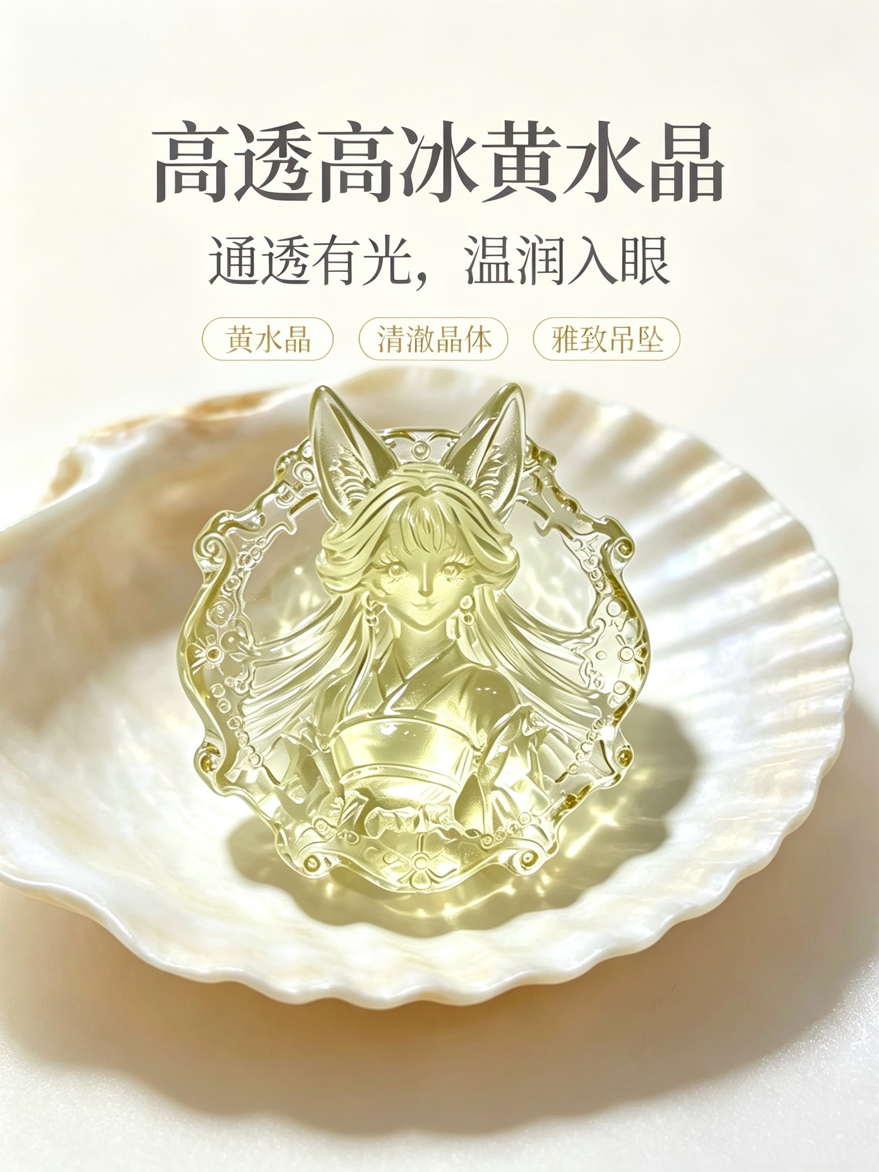 天然黄水晶九尾狐狸面具吊坠高冰透体狐狸女款项链挂坠