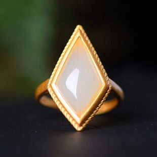 古法银镶嵌和田玉菱形玉石吊坠 简约女士款时尚活口指环饰品包邮