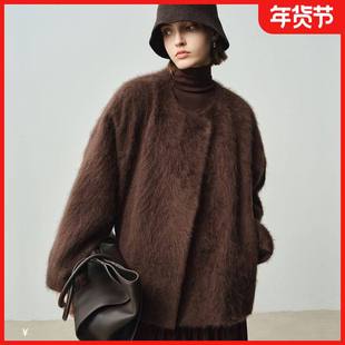 [本初]轻奢风羊毛大衣女秋冬新款长毛设计感圆领一粒扣毛呢外套