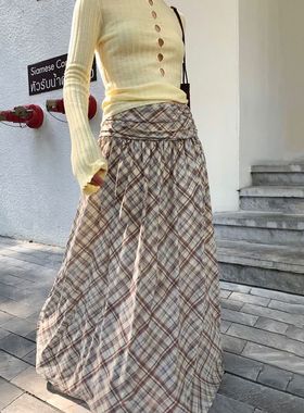 UNITY MODE 高腰a字高个子网纱凉感格子半裙飘逸针织半身裙长裙夏