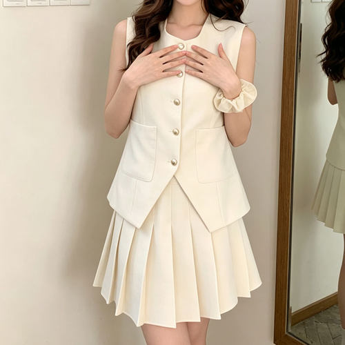 小香风无袖西装马甲百褶短裙套装女2026夏季高级老钱风时尚两件套