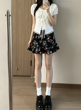 减龄搭配一整套夏装甜美风蕾丝边绑带短袖衬衫洋气高腰碎花半身裙