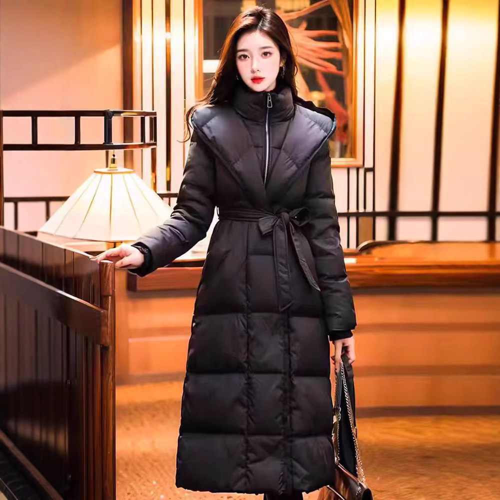 白鸭绒羽绒服女2025冬季新款中长款过膝腰带修身新手加厚外套防寒