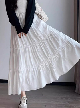 2025春季新款白色半身裙高腰显瘦a字女垂感百褶长裙小个子蛋糕裙