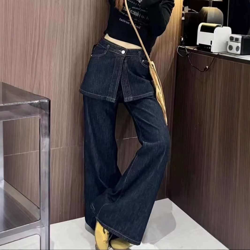 美式复古设计感拼接屁帘牛仔裤女春秋新款宽松假两件高腰阔腿裤潮,女装/女士精品,牛仔裤,淘宝优惠券,粉丝福利购,淘宝优惠卷