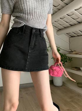 美式辣妹设计感牛仔半身裙女2023春秋新款黑色百搭高腰A字包臀裙