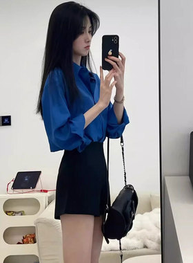 2025春装新款克莱因蓝色衬衫外套女夏季防晒衬衣法式气质宽松上衣