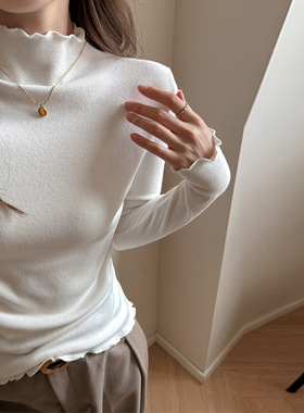 半高领木耳边保暖打底衫女秋冬新款内搭显瘦洋气修身韩版长袖上衣