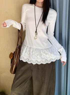 白色蕾丝花边内搭打底衫女2025秋冬季叠穿韩系时尚长袖t恤小上衣