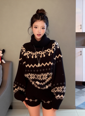 休闲套装女秋冬季巨好看黑色费尔岛高领针织衫毛衣外套短裤两件套