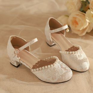 夏季 女鞋 低跟圆头浅口 饰中华风汉服旗袍粗跟凉鞋 2025年布面珍珠装