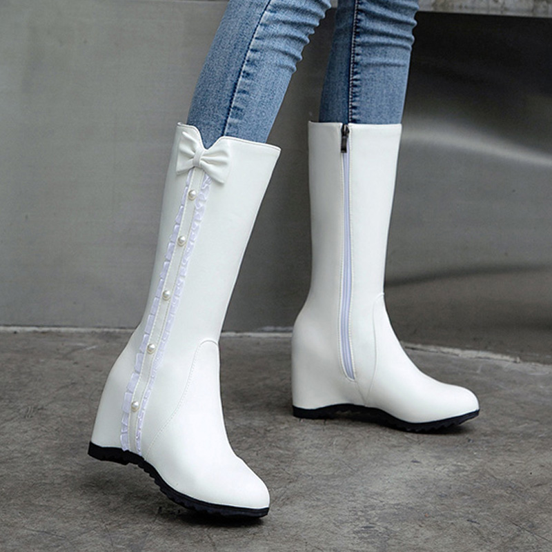 2025秋冬季新款甜美长靴骑士靴中筒靴女靴子高筒靴内增高坡跟女鞋