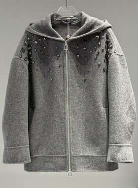 冬品牌撤柜羊毛牦牛绒连帽双面呢大衣女重工钉钻拉链宽松短外套