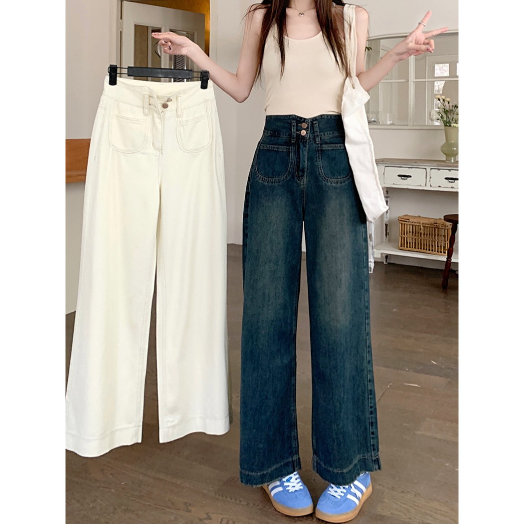 美式复古蓝色直筒牛仔裤女新款杏色高腰显瘦宽松设计感百搭阔腿裤,女装/女士精品,牛仔裤,淘宝优惠券,粉丝福利购,淘宝优惠卷