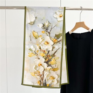 绿色气质油画雏菊双绉桑蚕丝丝巾长条真丝围巾女高档杭州夏季薄款