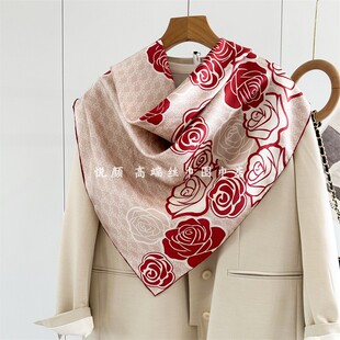 高级感复古玫瑰粉红色真丝丝巾女斜纹绸桑蚕丝围巾大方巾披肩送礼