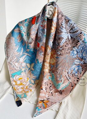 蓝橙色雨林真丝丝巾女斜纹绸桑蚕丝90大方巾春秋百搭披肩手工卷边