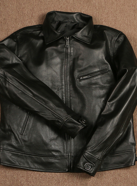 1930头层牛皮修身皮夹克男士全粒面短款休闲皮衣春秋翻领真皮外套